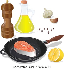 Raw salmon fillets on the pan with herbs. White background. Vector illustration, separated layers.