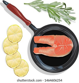 Raw salmon fillets on the pan with herbs. White background. Vector illustration, separated layers.