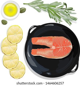 Raw salmon fillets on the pan with herbs. White background. Vector illustration, separated layers.
