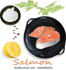 Raw salmon fillets on the pan with herbs. White background. Vector illustration, separated layers.
