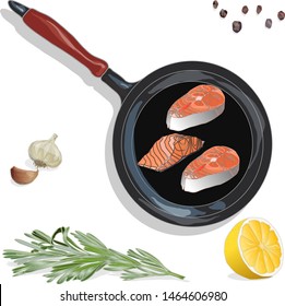 Raw salmon fillets on the pan with herbs. White background. Vector illustration, separated layers.