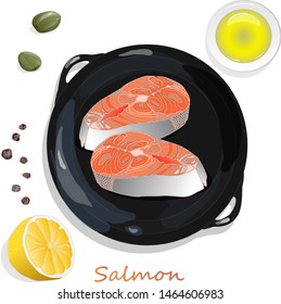 Raw salmon fillets on the pan with herbs. White background. Vector illustration, separated layers.