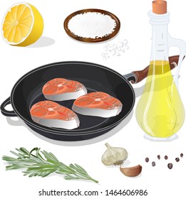 Raw salmon fillets on the pan with herbs. White background. Vector illustration, separated layers.