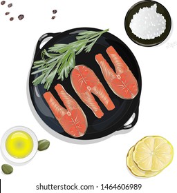 Raw salmon fillets on the pan with herbs. White background. Vector illustration, separated layers.