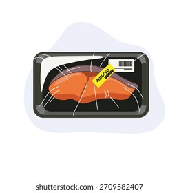 Salmón crudo en bandeja de plástico sellada con etiqueta engomada de Precio reducido