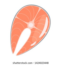 Raw salmon steak flat vector illustration. Seafood restaurant menu. Steamed, grilled, roasted red fish single slice. Uncooked dinner ingredient isolated clipart. Fresh animal product cooking