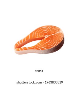 Raw Salmon Steak Vector Illustration. Thick Piece of Fresh Red Fish, Trout Slice Isolated on White Background