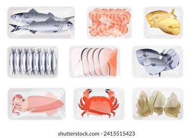 Rohe Meeresfrüchte in Kunststoffbehältern Set. Draufsicht von kaltem frischem Fisch und Austern, Kalmare und Krabbe, Sammlung von Meeresprodukten in Styropor-Packungen mit Cartoon aus Polyethylenfolie