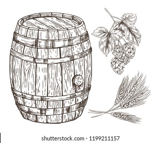 Raw set for beer reproduction with wooden barrel isolated on white backdrop graphic art, vector illustration of hop and wheat branches, oak container