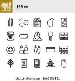 raw simple icons set. Contains such icons as Sushi roll, Peas, Potato, Chicken leg, Mango, Pistachio, Eggs, Celery, Cherry, Nut, Corn, Carrot, can be used for web, mobile and logo