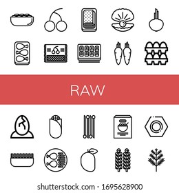 raw simple icons set. Contains such icons as Pistachio, Chicken leg, Cherry, Meatloaf, Sushi roll, Oyster, Carrot, Onion, Eggs, Minced meat, can be used for web, mobile and logo