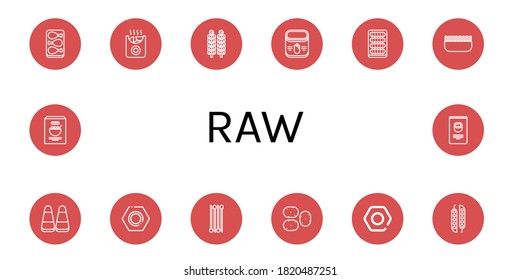 raw simple icons set. Contains such icons as Chicken leg, Potatoes, Brussels sprouts, Corn, Cucumber, Minced meat, Nut, Onion, Potato, Peas, can be used for web, mobile and logo