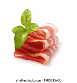 Raw smoked bacon, streaky brisket slices realistic vector illustration. Fresh thin sliced bacon on white background