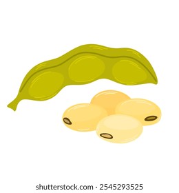 Raw soy, soybeans pods isolated vector set. Green fresh  bean husk with seeds and leaves, soya natural vegetable plant. Vector healthy food cartoon illustration soybeans, organic veggies, harvest