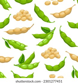 Raw soy and soybeans pods seamless pattern. Fabric print, wallpaper vector seamless background or textile backdrop. Wrapping paper pattern with soy beam green and dried pods