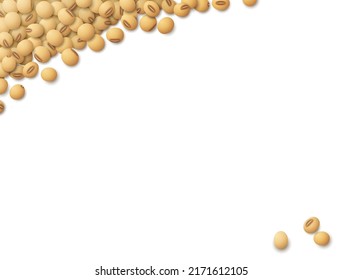 Raw soybeans isolated on white in artboard corner, top view. Background of soy grain with copy space area