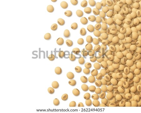 Raw soybeans scattered on right side of artboard, top view. Background of organic soy grain with copy space area. Vector illustration for soya, vegetarian diet, legume farming, healthy food