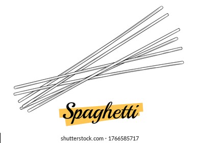 Raw spaghetti isolated on white background. Spaghetti pasta uncooked. Italian capellini pasta. Ingredient for preparing noodles. Home cooking concept. Vector illustration, engraving, outline, ink.