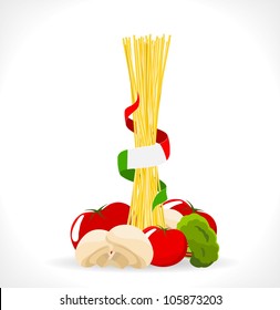 raw spaghetti with mushrooms, tomatoes and broccoli - vector illustration