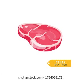 Raw steak vector isolated icon. A steak from farmed animals: pig, beef or goat, horse, sheep, illustration for menu, cover, packaging. Realistic raw steak product, meat graphic element.