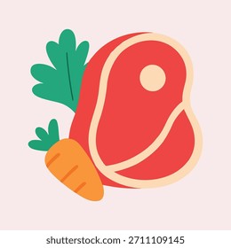 Bife cru e legumes Ilustração plana carne de vaca