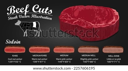 Raw steaks frying degrees: rare, medium, mediumWell, well done isolated on white Dark background.