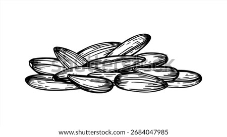 Raw sunflower seeds in shells monochrome vector line ink illustration. Healthy snack pile. Sun flower unpeeled grains heap for packaging, bird food label, culinary blog, rustic design.