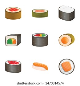 Raw sushi roll icon set. Cartoon set of 9 raw sushi roll vector icons for web design isolated on white background