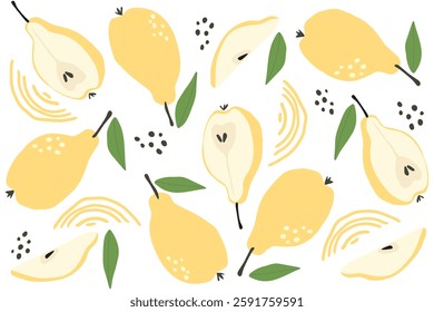 Raw sweet pear fruit pattern. Ripe yellow pear isolated on white background. Sweet fruit with green leaf whole and half in cartoon flat simple style.