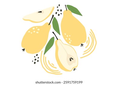 Raw sweet pear fruit. Ripe yellow pear isolated on white background. Sweet fruit with green leaf whole and half in cartoon flat simple style.