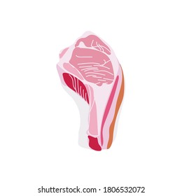 Raw t-bone meat slice. Fresh uncooked nutritious product. Butchery shop, farm market or processing plant design vector illustration isolated on white background
