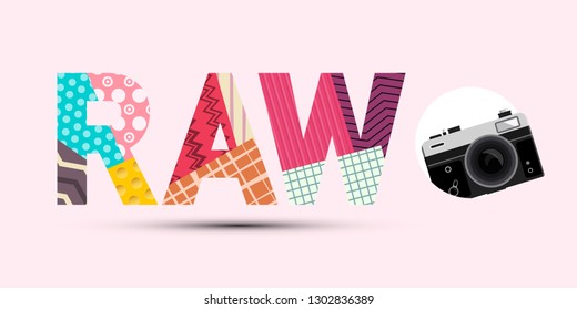 RAW Title Made from Paper Cut Papers with Retro Digital Camera Vector Modern Design on Pink Background