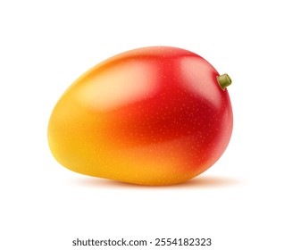 Raw tropical realistic mango whole fruit. Isolated 3d vector juicy, vibrant mango, sweet exotic dessert with smooth glossy golden red skin, sweet aroma and succulent flesh, bursting with flavor