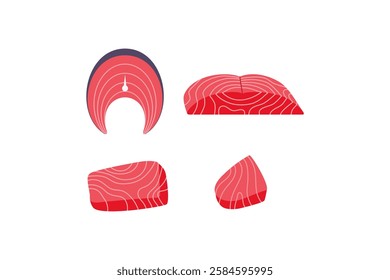 raw tuna meat flat icon set