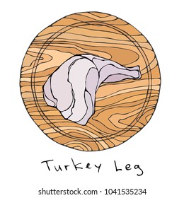 Raw Turkey, Chicken Leg on Round Cutting Board. For Cooking, Holiday Meals Christmas, Thanksgiving , Recipes, Meat Guide, Butcher, Menu. Hand Drawn Illustration. Savoyar Doodle Style.