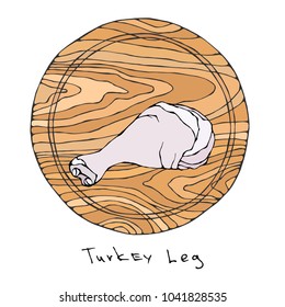 Raw Turkey, Chicken Leg on Round Cutting Board. For Cooking, Holiday Meals Christmas, Thanksgiving , Recipes, Meat Guide, Butcher, Menu. Hand Drawn Illustration. Savoyar Doodle Style.