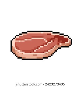 Carne de carne de res cruda sin cocinar. Dibujo de ilustraciones vectoriales con estilo de juego retro de bits de píxeles. Sencillos ingredientes de la cocina de dibujos animados planos con un fondo cuadrado blanco.