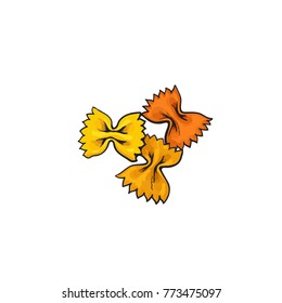Raw, uncooked bow tie, butterfly shaped Italian pasta, Farfalle, sketch style vector illustration on white background. Realistic hand drawing of bow tie shaped Italian pasta