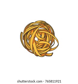 Raw, uncooked coiled, nest shaped Barbini Italian pasta, sketch vector illustration on white background. Realistic hand drawing of coiled, nest shaped Italian pasta - Barbini, Tagliatelle, Fettuccine