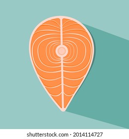 Raw uncooked fresh steak salmon isolated on blue background and throws away the day. Overlay of shadow. Vector illustration.