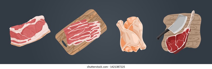 Raw uncooked meat, pork fillet, bacon slices, chicken legs, ham hough, beef gammon, delicious barbecue ingredients set