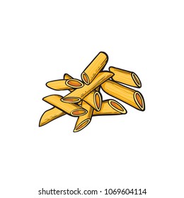 Raw, uncooked penne, diagonal cylinder shaped Italian pasta, sketch style vector illustration on white background. Realistic hand drawing of penne Italian pasta