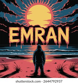 A raw, vector-style illustration depicting a desolate beach at surreal sunset. A massive, neon-orange graffiti sun, resembling melting wax, dominates the horizon, dripping fiery hues onto the black 