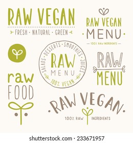 Raw vegan badges. Vector EPS 10 hand drawn labels