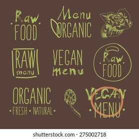 Raw vegan badges. Vector hand drawn labels. calligraphy