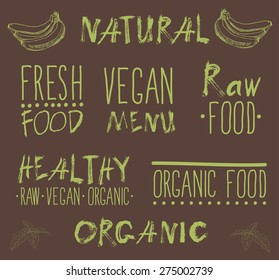 Raw vegan badges. Vector hand drawn labels. calligraphy