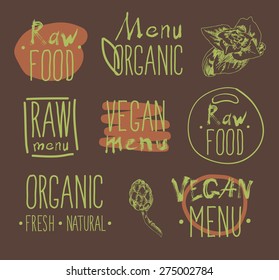 Raw vegan badges. Vector hand drawn labels. calligraphy