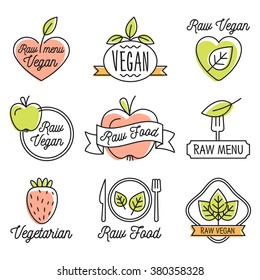 Raw vegan, detox, organic  labels, logo and elements for food, drink, restaurants, bio products. Business signs template, concept, corporate identity badges and objects.