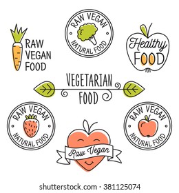 Raw vegan, detox, organic  labels, logo and elements for food, drink, restaurants, bio products. Business signs template, concept, corporate identity badges and objects.