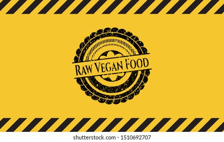 Raw Vegan Food black grunge emblem, yellow warning sign. Vector Illustration. Detailed.